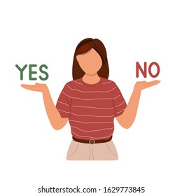 Woman choosing between two options. Vector trendy hand drawn illustration. Yes or no lettering. Isolated on white background.