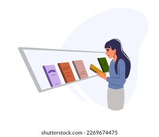 Mujer eligiendo un libro de la estantería de una tienda. Ilustración vectorial plana