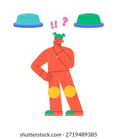 Mujer eligiendo Botón para empujar. Concepto de difícil elección entre dos opciones. Ilustración vectorial colorida
