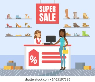 Woman Choosing and Buying Shoes in Store, Shoes Store Interior, Girl Shopping in Mall Vector Illustration