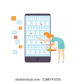 Woman choosing and bying products from an online store, internet shopping and delivery concept vector Illustration on a white background