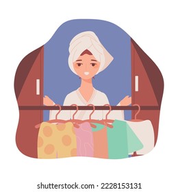 woman choosing clothes, bed routine