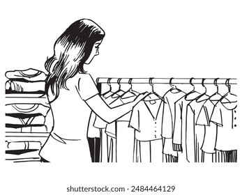 A woman choosing clothes in black and white and vector format.