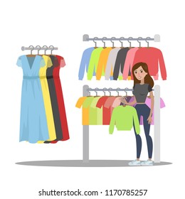 Woman choosing clothes in the clothing store. Searching for fashion hoodie. Isolated vector flat illustration