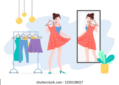 Woman choosing clothes flat vector illustration. Girl with dress looking at mirror cartoon character. Fashionista lady with stylish outfit. Wardrobe, apparel, garment. Clothing rack