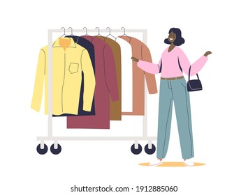 Woman choosing clothes on hanger. Female cartoon character on shopping in fashion boutique buying clothes, shopping mall or store. Flat vector illustration
