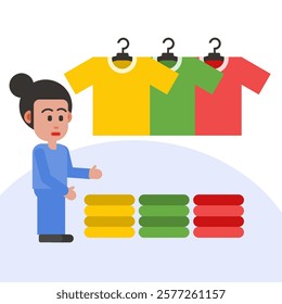 Woman choosing clothes on a hanger. Flat style vector illustration.