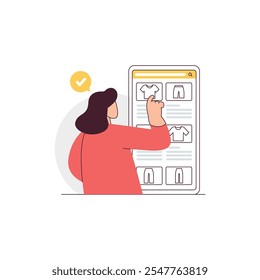 A Woman Choosing clothes in online apparel store. Online shopping concept illustration