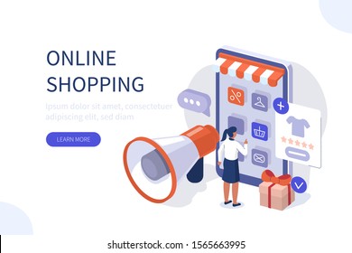 Woman Choosing Clothes in Online Store and Making Order. Female Character Shopping in Mobile App. E-Commerce and Online Delivery Concept. Flat Isometric Vector Illustration.