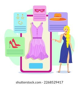 Woman choosing clothes online vector illustration. Smartphone screen with dress, hat, shoes and accessories on white background. Online shopping, technology, marketing concept