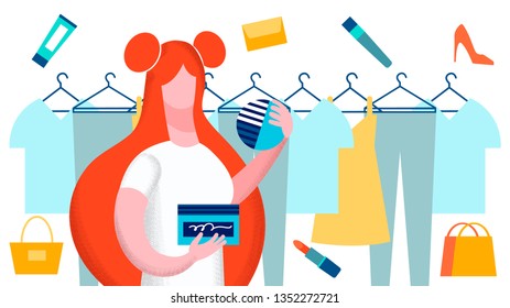 Woman Choosing Clothes Vector Flat Illustration. Young Redhead Lady Holding Cosmetic Tools Cartoon Character. Wardrobe and Fashion Accessories Composition. Female Model in Dressing room