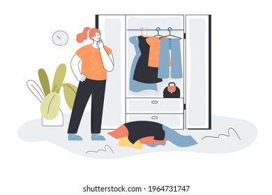 Woman choosing clothes from wardrobe. Female character picking outfit, pile of clothes, closet flat vector illustration. Organization, fashion concept for banner, website design or landing web page