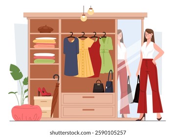 Woman choosing clothes from wardrobe. Flat graphic style on white background. Concept of fashion, shopping, and wardrobe organization. Vector illustration
