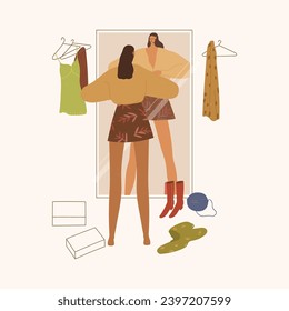 Woman choosing clothes in the wardrobe. Vector illustration in flat style.