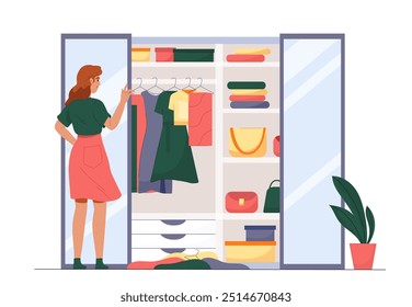 Woman choosing clothes. Young girl chooses stylish things and tries them on in front of mirror. Aesthetics and elegance. Fashion and style. Flat vector illustration isolated on white background