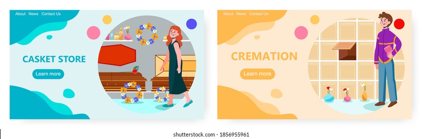 Woman Is Choosing A Coffin Or Casket For A Funeral. Cremation Concept Vector Illustration. Man Put Urn With Ash To Columbarium. Coffin Store