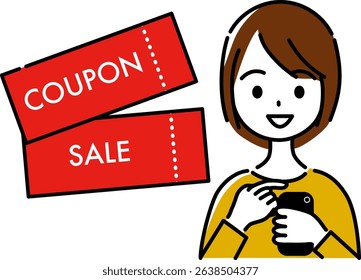 A woman choosing a coupon while shopping online on her smartphone