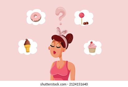 Mujer eligiendo y anhelando postre trata la caricatura vectorial. Niña tratando de decidir cuál es su refrigerio dulce favorito listo para una comida con trampa
