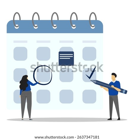 A woman choosing date on calendar and a man using pencil to filling checkmark on calendar date. Planning schedule, business event and calendar concept. Planning strategy and time management.