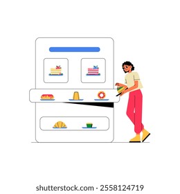 Woman Choosing Dessert From A Display Case In Flat Vector Illustration Symbolizing Food Choices, Sweet Treats, And Culinary Delights, Isolated On White Background.