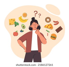 Woman choosing diet. Young girl shapes nutrition, healthy food or unhealthy. Active lifestyle and fat burning, sports. Difficult decision, temptation concept. Cartoon flat vector illustration