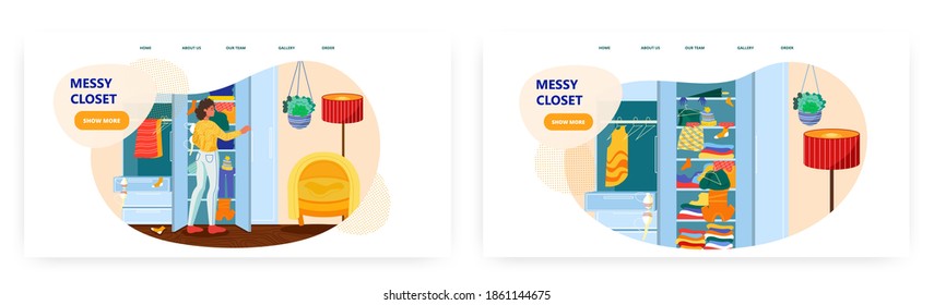 Woman is choosing dress from her messy closet. Mess at home concept vector illustration. Room interior with wardrobe. Clothes scattered around closet