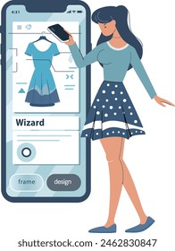 Woman choosing dress on smartphone screen. Vector illustration in flat style. e-commerce illustration for app and website