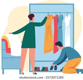 Woman choosing dress from rack and man picking shoes from wardrobe, organizing clothes and footwear in closet, home activity, tidying up, domestic chores, household work, everyday routine