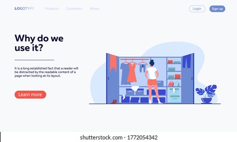 Woman choosing dress from wardrobe flat vector illustration. Young lady standing near opened closet. Pile of clothes laying on shelfs. Cartoon style. Organization and arrangement concept