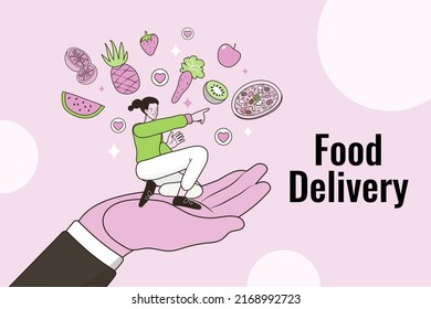 Woman choosing food online. food delivery banner design. ecommerce concept. Shopping online. Marketplace on Computer Screen Concept. Girl happy with shopping. Vector flat outline cartoon illustration.