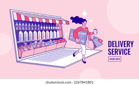 Woman choosing food online. food delivery banner design. ecommerce concept. Shopping online. Marketplace on Computer Screen Concept. Girl happy with shopping. Vector flat cartoon illustration