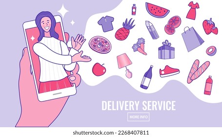 Woman choosing food online. food delivery banner design. ecommerce concept. Shopping online. Marketplace on Computer Screen Concept. Girl happy with shopping. Vector flat cartoon illustration