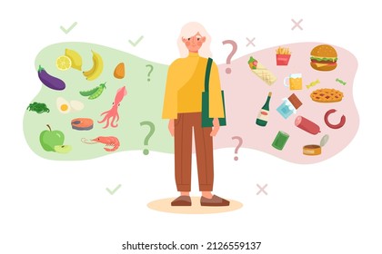 Mujer eligiendo comida. Las niñas eligen la dieta, la alimentación sana y la comida insalubre. Resbaladizo, pérdida de peso o malos hábitos. Vegetarismo o dulces, comida rápida o verduras. Dibujo vectorial plano de dibujos animados