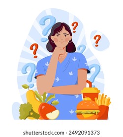 Woman choosing food. Young girl with question marks chooses between healthy and healthy food. Hamburgers and french fries versus vegetables and fruits. Flat vector illustration