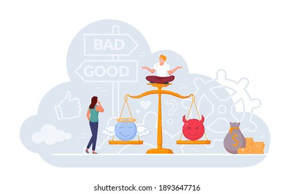 Woman choosing good and bad work on balance scale of justice. Difficult business decision between right and wrong solution, angel and devil, conscience and dishonesty value vector illustration