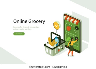 Woman Choosing Groceries on Smartphone Screen. Near standing Full Shopping Basket with Food, Beverages and other Grocery Products.  Online Grocery Shopping Concept. Flat Isometric Vector Illustration.