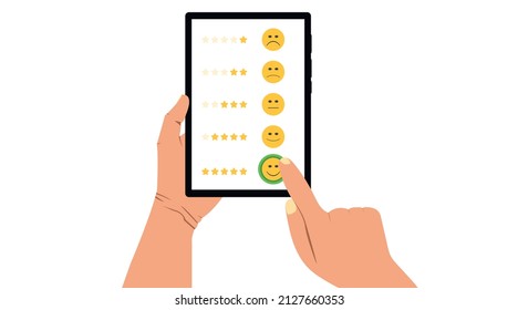 woman choosing happy face and five stars.
Customer satisfaction level. Feedback scale with emoticon faces and stars, user experience from bad to good.