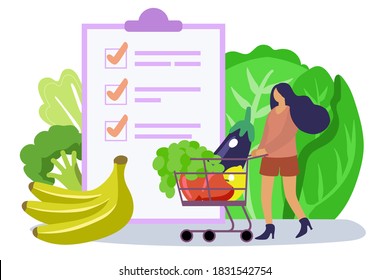 Woman choosing healthy food list concept flat vector illustration Full shopping cart and flat tiny person Eating balanced meals with vitamins greens, fresh vegetables and fruits Nutrition products 