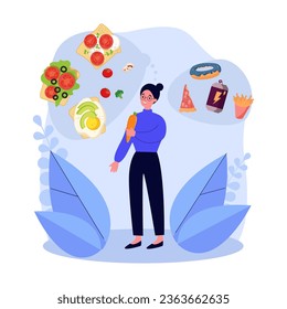 Woman choosing healthy food over junk food vector illustration. Girl eating carrot, thinking of healthy sandwiches instead of pizza, donuts, soda. Healthy lifestyle, diet, nutrition, junk food concept