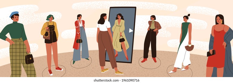 Woman choosing her own personal authentic style identity. Choice of individual image. Female character trying on apparels to find her unique aesthetic for self-expression. Flat vector illustration