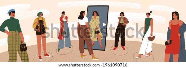 Woman choosing her own personal authentic\
style identity. Choice of individual image. Female character trying\
on apparels to find her unique aesthetic for self-expression. Flat\
vector illustration