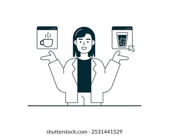 Woman choosing hot or cold coffee in the app for home delivery. Character design. Vector flat illustration