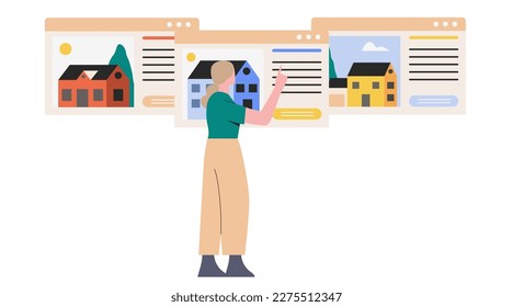 Woman choosing house online vector illustration. Female character sliding web pages with houses. Concept of real estate, mortgage, investment for landing page or website.