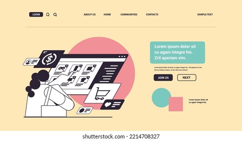 woman choosing items on virtual screen online shopping concept
