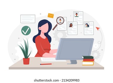 Woman choosing job. Girl sitting in front of computer, remote employee or freelancer. Modern technologies and search for vacancies on Internet, talented worker. Cartoon flat vector illustration