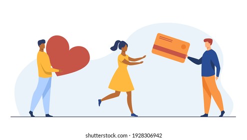 Woman choosing money instead of love. Card, heart, wealth flat vector illustration. Relationship and happiness concept for banner, website design or landing web page