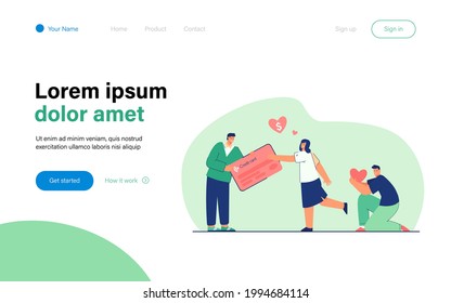 Woman choosing money instead of love. Loving man unhappy. Credit card, heart, wealth flat vector illustration. Relationship and happiness concept for banner, website design or landing web page