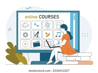 Woman choosing online courses. Young girl with laptop watches webinars and seminars. Remote education and training. Hobby and leisure. Linear vector illustration isolated on white background