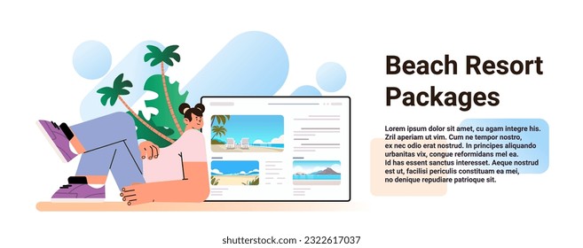 woman choosing and ordering tour online beach resort packages resting on sand beach at seaacost summer vacation concept
