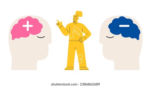 Woman choosing positive mind with good vibes for great life. Positive and Negative thinking. Colorful vector illustration
